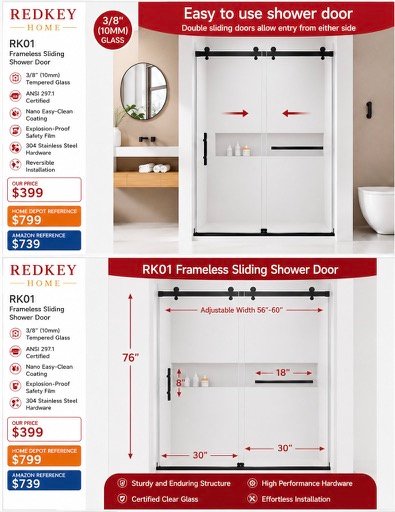 RK01 frameless sliding shower door product
